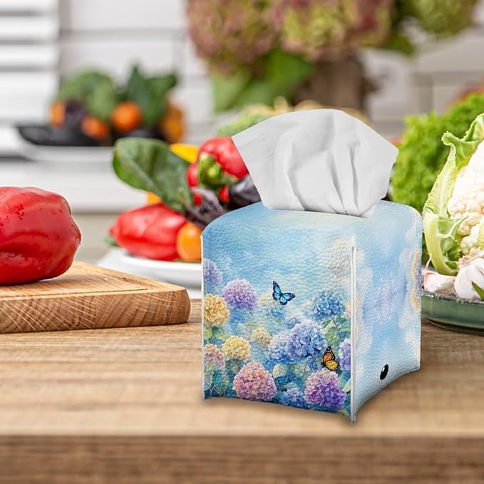 Butterflies Tissue Box Holder Stylish Waterproof PU Leather Square Tissue Box Cover with Metal Button Napkin Holder for Home Office Car Automotive Decor