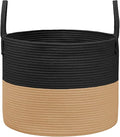 65L Extra Large Blanket Basket for Living Room - Woven Cotton Rope Laundry Hamper with Reinforced Handles - Storage Bin for Pillows, Comforters & Toys - Machine Washable,Black&Jute