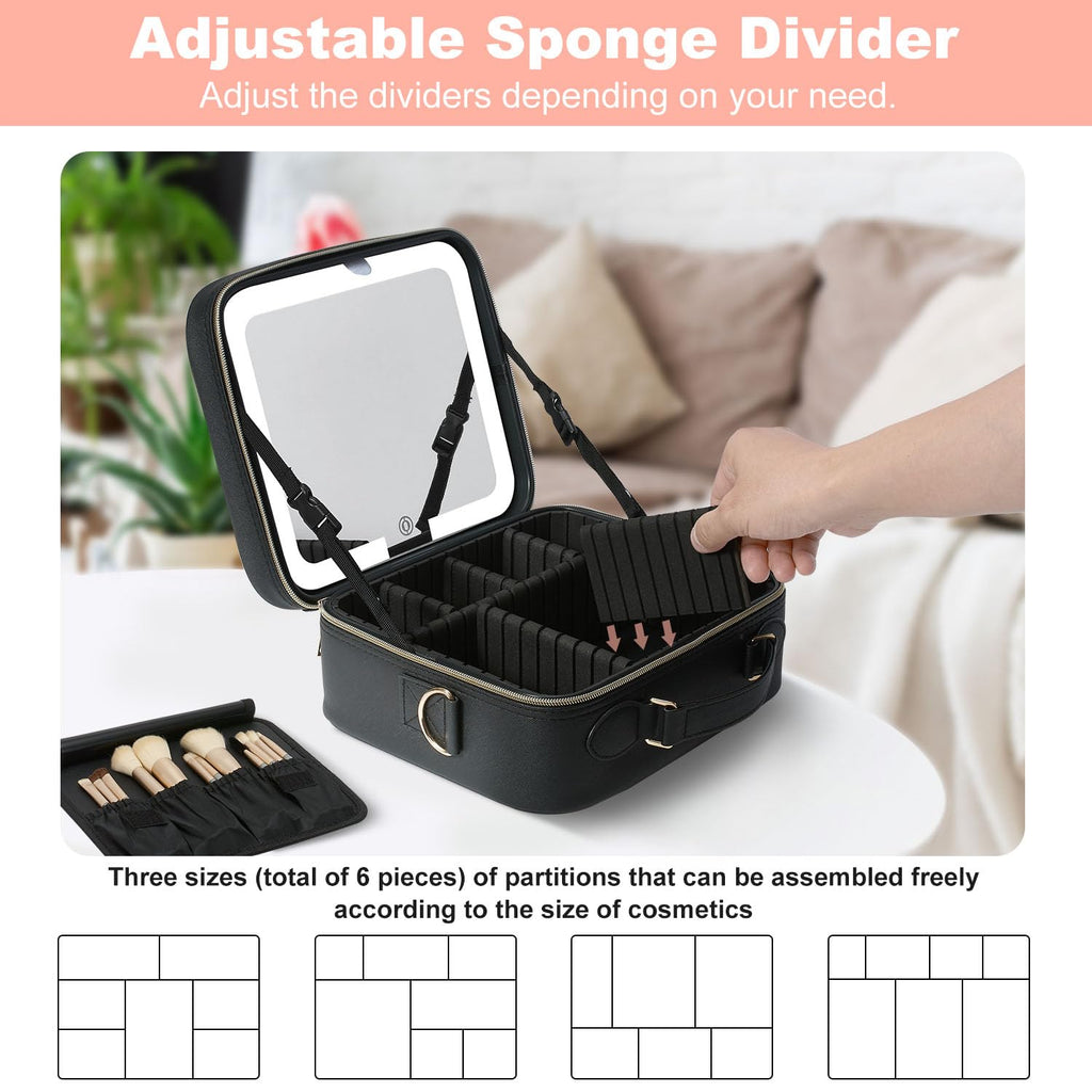 Mocado Travel Makeup Bag with LED Lighted Mirror,Travel Makeup Organizer,Makeup Case with 8 Makeup Brushes and 10x Magnifying Mirror,3 Colors Lighting, Adjustable Dividers Makeup Box(Black)