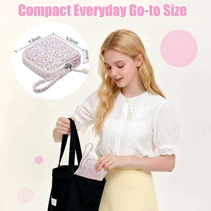 Chicarries Small Makeup Bag | Discreet Period Bag Pad Pouch for Purse | Sanitary Napkin Storage & Tampon Holder for Travel (Flower Pink)