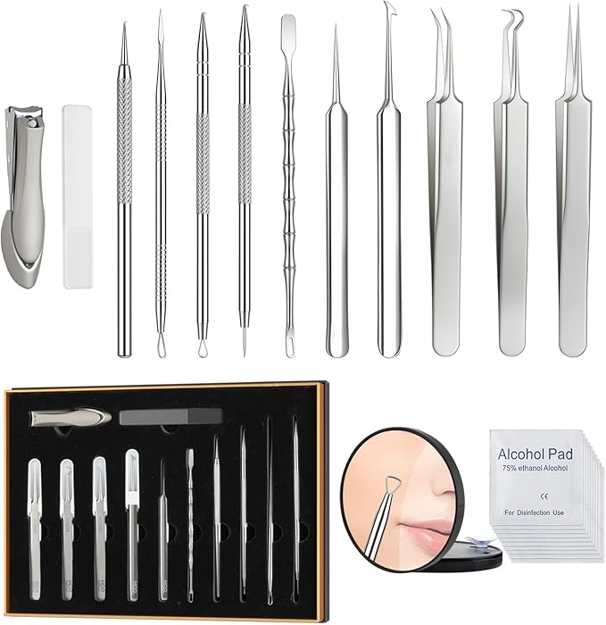 12PCS Professional Salon Grade Blackhead Remover Tool Kit, Comedone Extractor Set for Facial Acne Pimple Blemish Whitehead, Comes with 10X Magnifying Mirror & 20 Alcohol Prep Pads