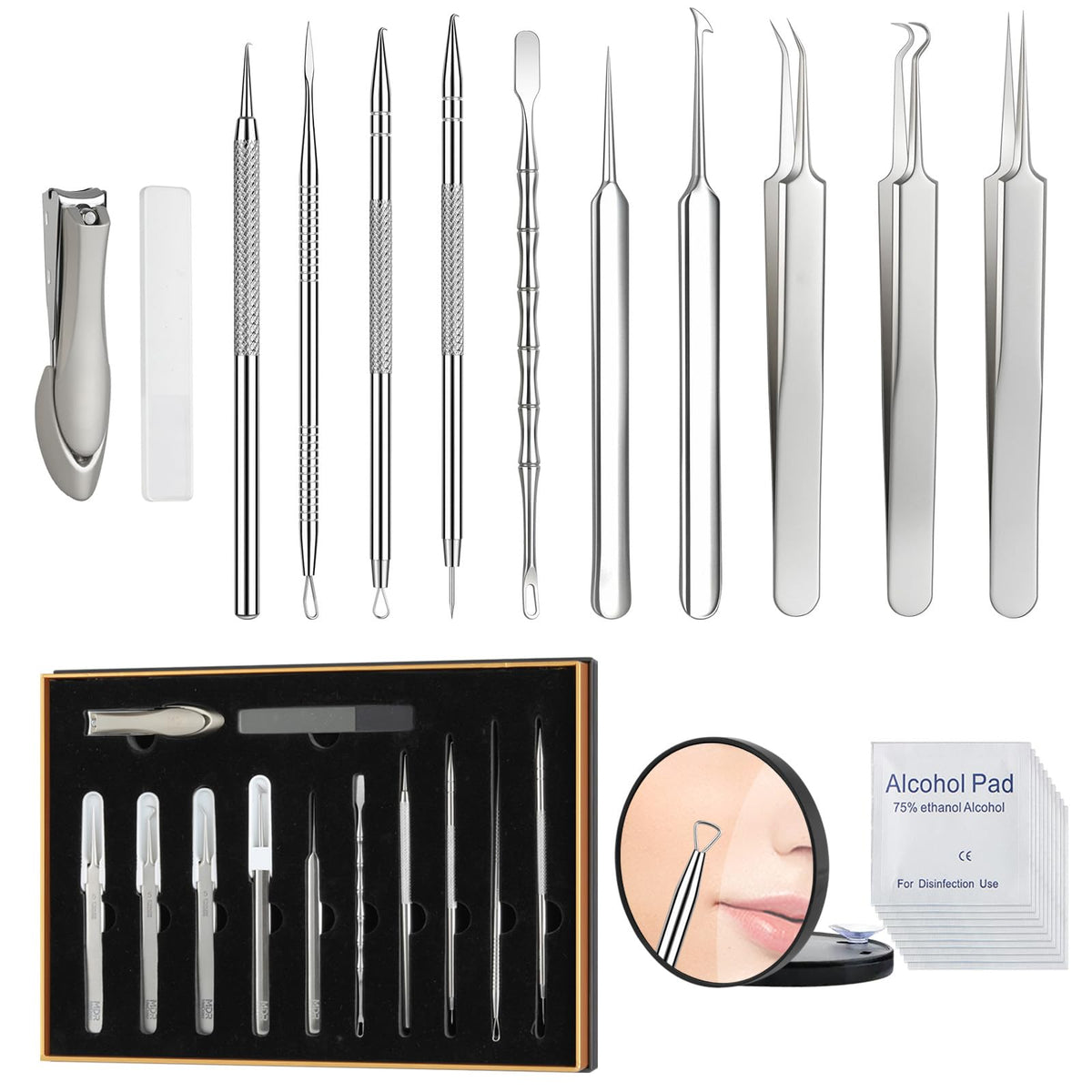 Meidaier 7Pcs Blackhead Remover Kit, Stainless Steel Acne Comedone Extractor with 10X Magnifying Glass & 20 75% Alcohol Pads, Pimple Whitehead Blemish Removal, Anti-Slip Handle & Storage Box