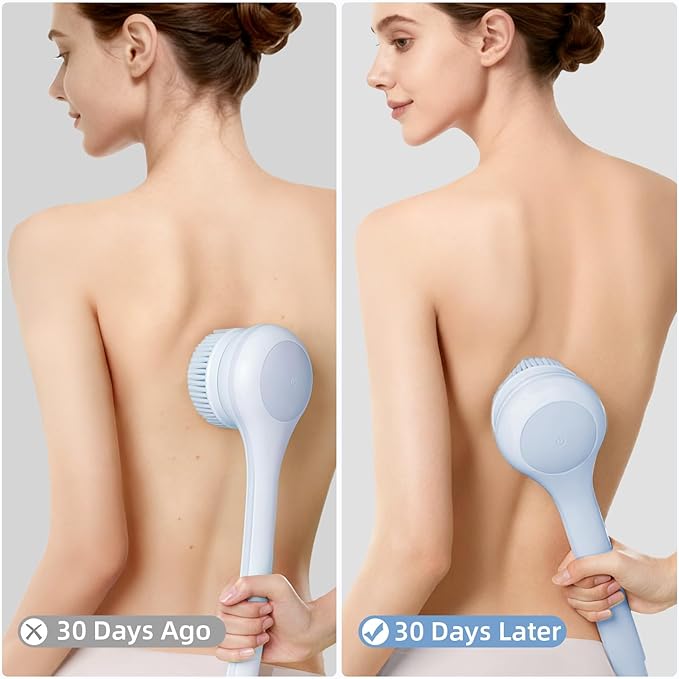 Oh,XIYU. Electric Body Brush Back Scrubber for Shower, Waterproof Long Dual Handle Power Body Scrubber with 3 Heads, Bath Brush & 2 Speeds, for Cleansing, Exfoliating and Massaging Skin, Sky Blue