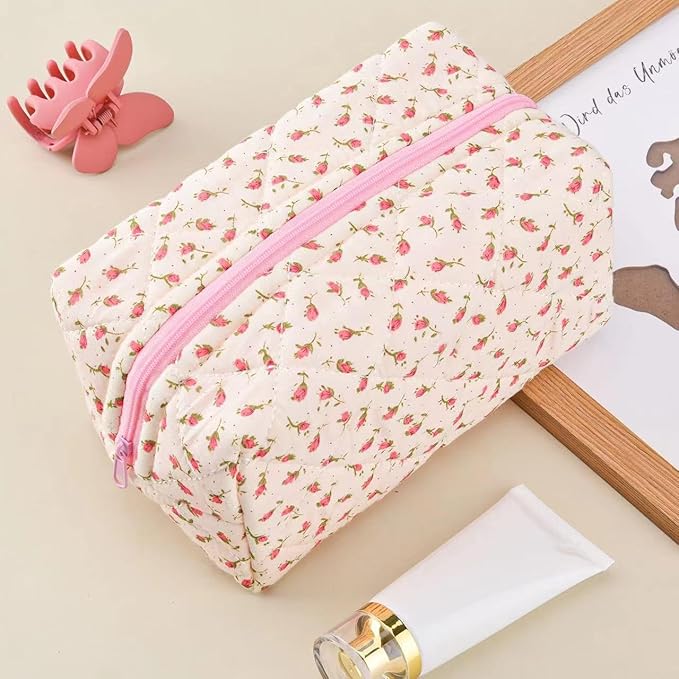 MZLUWM Floral Makeup Bag,Floral Quilted Makeup Pouch,Large Cosmetic Bag,Fashionable Travel Makeup Pouch, Cute Pink Makeup Bag,Puffy Coquette Make up Bag, Attractive Quilted Make up Bag