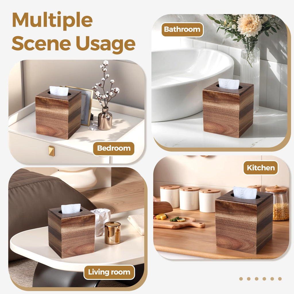 KALEKAIL 2 Pack Wood Tissue Box Cover， Acacia Wood Tissue Box Cover Square, Decorative Cube Facial Wooden Tissue Box Holder with Slide-Out Bottom for Bathroom, Bedroom, Dinner Table, Office, Kitchen