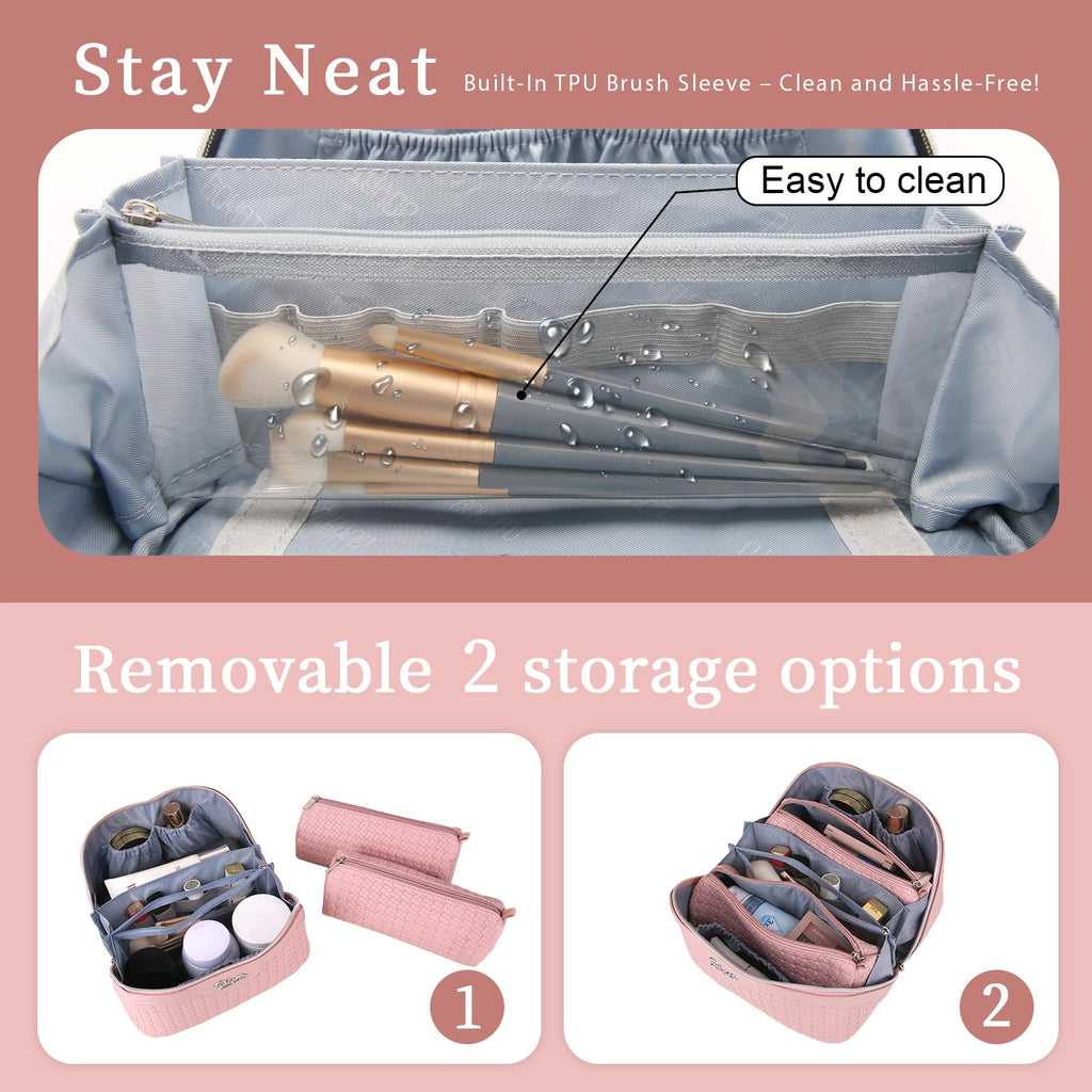 BOYATU Travel Makeup Bag Cosmetic Bags for Women: Large Capacity 3 Pcs Set Make up Bag with Compartments - Waterproof Vegan Leather Toiletry Organizer Bags with Handle (L39 Pink)