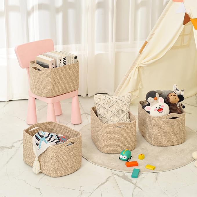 ICERZCZ Storage Baskets for Organizing & Shelves, Woven Cotton Rope Organization Bins for Dog Toys, Clothes, Books, Nursery Organizer, 15" Lx11''Wx9.5''H, (4 Packs) Brown