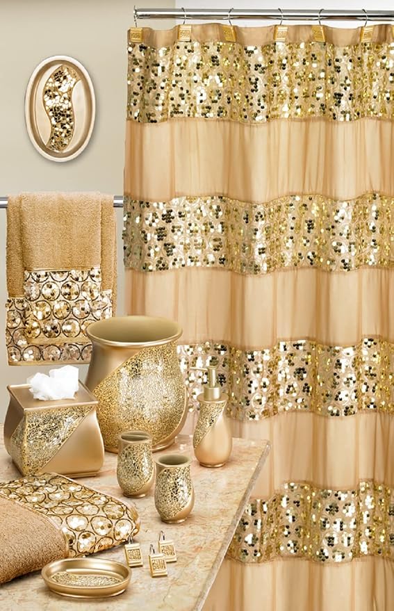 Zahari Home 4pc Sinatra Stylish Bathroom Accessories Set Champagne Gold Soap Dispenser Pump, Tumbler, Tooth Brush Holder and Soap Dish Modern Decor Bling Mosaic Glass Gold Bathroom Accessories