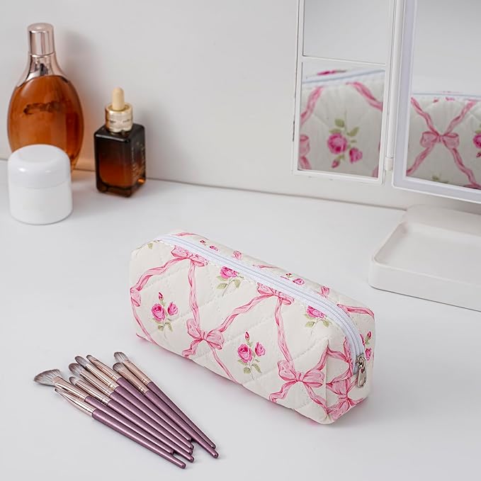 HHQQWZ Cute Floral Cotton Makeup Brush Cosmetic Bag for Women, Travel Quilted Zipper Make Up Bag, Flowers Toiletry Organizer Case Kawaii Makeup Cosmetic Travel Cloth Pouch (Pink Bowknot+Blue Bowknot)