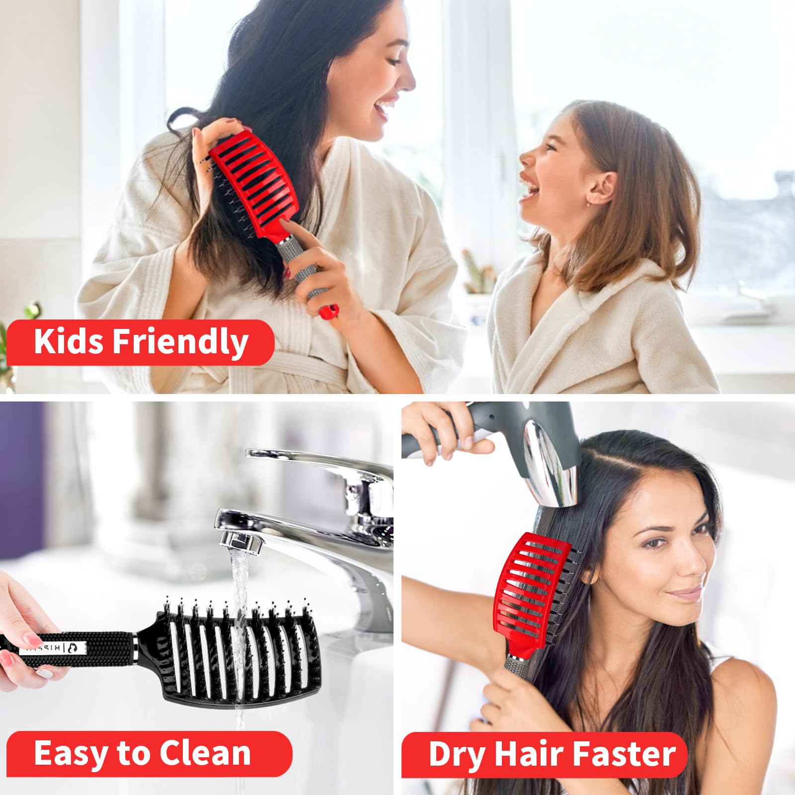 Boar Bristle Hair Brush Set of 2, HIPPIH Wet & Dry Hair Brushes Made by Fine Natural Boar Hair Can Adds Shine and Smoothing, Detangling Hairbrush for Women, Men & Kids' Long Curly Thick Hair