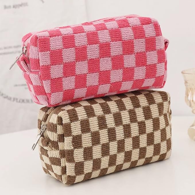 SxoSyo 2 Pcs Cosmetic Bags, Checkered Brown