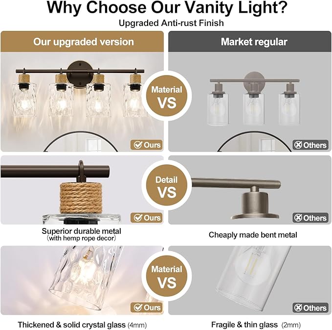 Bathroom Light Fixtures, 4-Light Coastal Vanity Lights with Crystal Glass Shade, Oil-Rubbed Bronze Bathroom Wall Lamp for Mirror Kitchen Hallway Cabinet