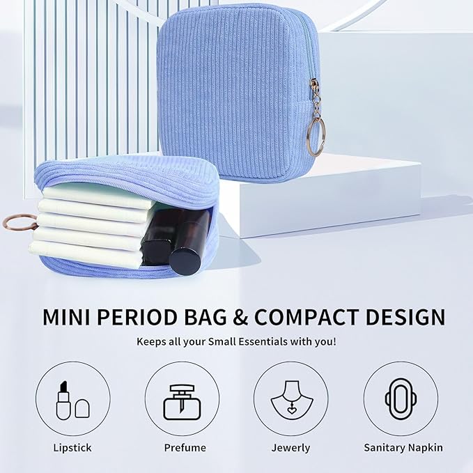 Teircno Sanitary Napkin Storage Bag, Preppy Corduroy Period Bag for School Teen Girls, Cute Portable Period Pouch with Zipper, Sanitary Pads Bag Tampons Holder for Purse, First Period for Women Ladies