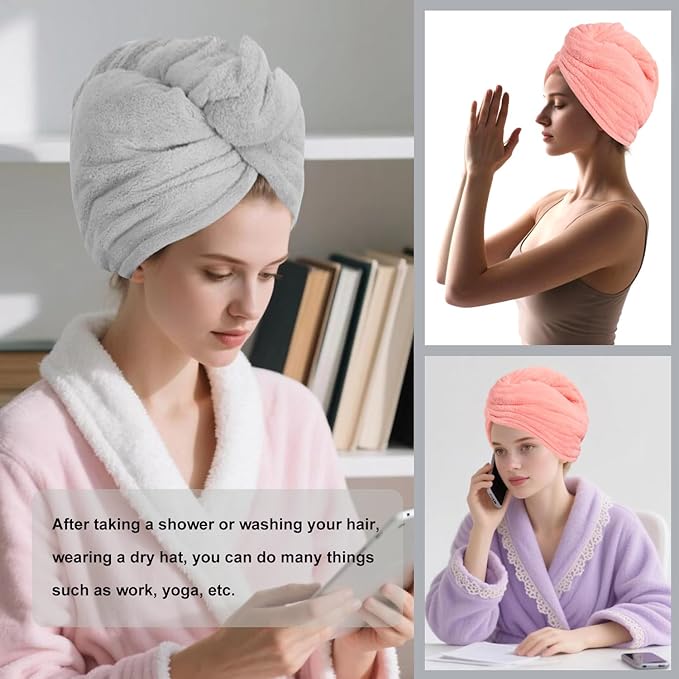 Microfiber Hair Drying Towel Wrap for Women, Hair Turbans Towel for Wet Hair,turbie Twist Hair Towels(The Color of the Picture is for Reference only) (Pink，Gray)