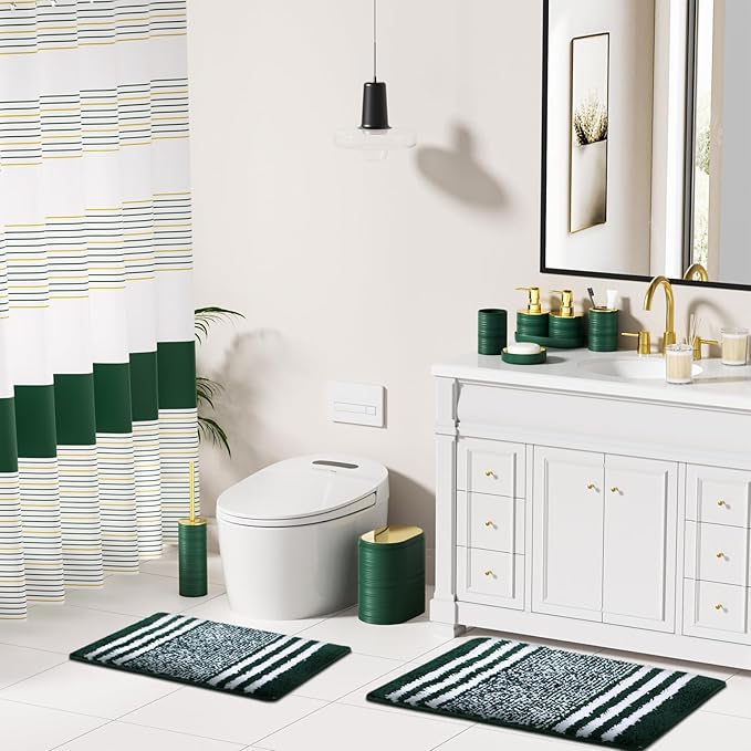 InnJoey Bathroom Set - Bathroom Sets with Shower Curtain and Rugs, 25PC Bathroom Accessory Set, Green Bathroom Accessories Set with Trash Can, Soap Dispensers