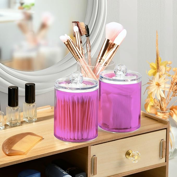 Orchid Qtip Holder Organizer Dispenser Cotton Swabs Cans Plastic Jars with Lid Set 4 Pack Bathroom Storage Canister for Cotton Ball Floss Cotton Pads