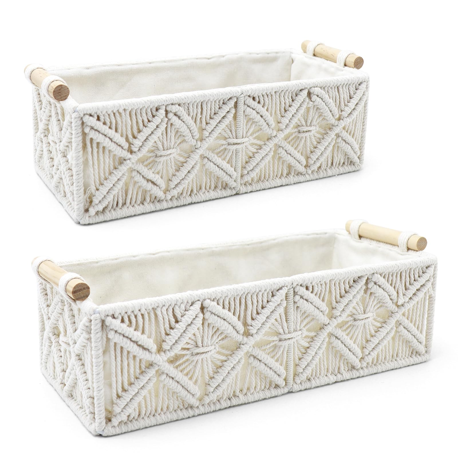 Nonam 2pc Macrame Storage Baskets, Boho Woven Boxes for Home Org, White