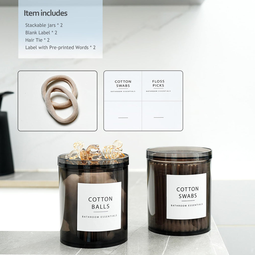SheeChung 2-Pack Large 20oz Black Stackable Qtip Holder - Translucent Apothecary Jars with Storage Lids - Modern Bathroom Countertop Organizer for Cotton Balls, Pads, & Salts