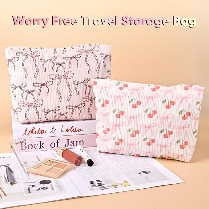 Ksriylm Cute Cherry Makeup Pouch for Women Small Make Up Bag for Purse Zipper Initial Makeup Cosmetic Bags Pouches for Purse Aesthetic Travel Toiletry Bags, Pink Cherries Bows