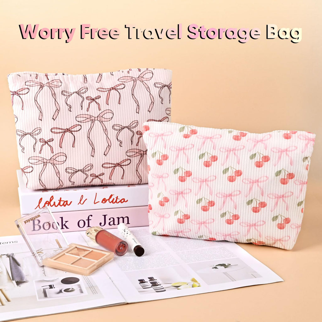 Ksriylm Cute Cherry Makeup Pouch for Women Small Make Up Bag for Purse Zipper Initial Makeup Cosmetic Bags Pouches for Purse Aesthetic Travel Toiletry Bags, Pink Cherries Bows