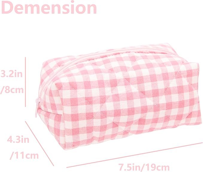PAZIMIIK Cozy Makeup Bag for Women,Zipper Cosmetic Pouch,Checkered Pink