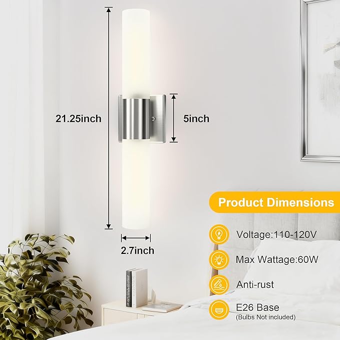 Kalium Wall Sconces Set of Two, Modern 21" Vanity, Frosted Glass, Silver