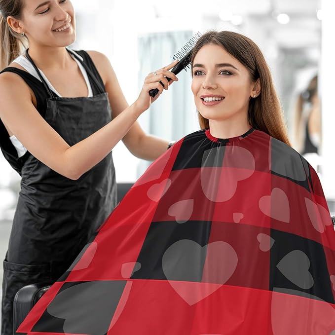 visesunny Mothers Day Heart Tartan Buffalo Check Plaid Barber Cape Anti-Static Hair Cutting Cape with Snap Closure Professional Salon Polyester Cape Barber Water-Resistant Hairdressing Cape