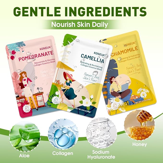 72 Pack Bulk Hydrating Face Masks Skincare, Collagen Sheet Face Mask for Dry, Oily Skin, Spa Gifts for Women Skin Care, Easter Basket Stuffers, Mothers Day Gifts, Teacher Gifts (9 Types x 8 Pcs)