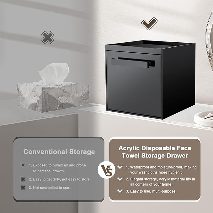 Disposable Face Towel Storage Box Compatible with Clean Skin Club Clean Towel XL Acrylic Cosmetic Organizer Container Box Facial Towels Holder with Drawer Wall-Mounted (Glossy Black)