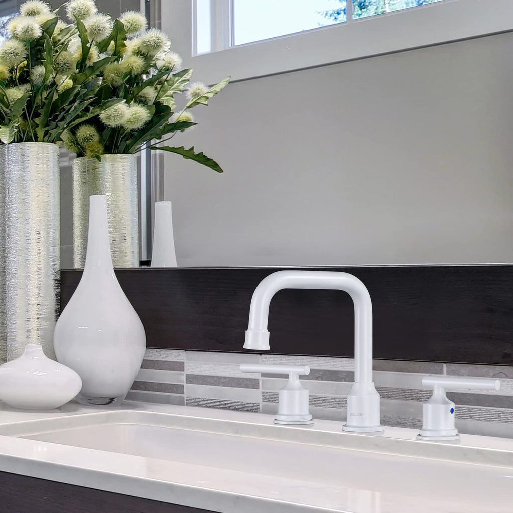 WOWOW White Bathroom Faucet 3 Hole, Widespread Vanity Sink Faucets 8 Inch