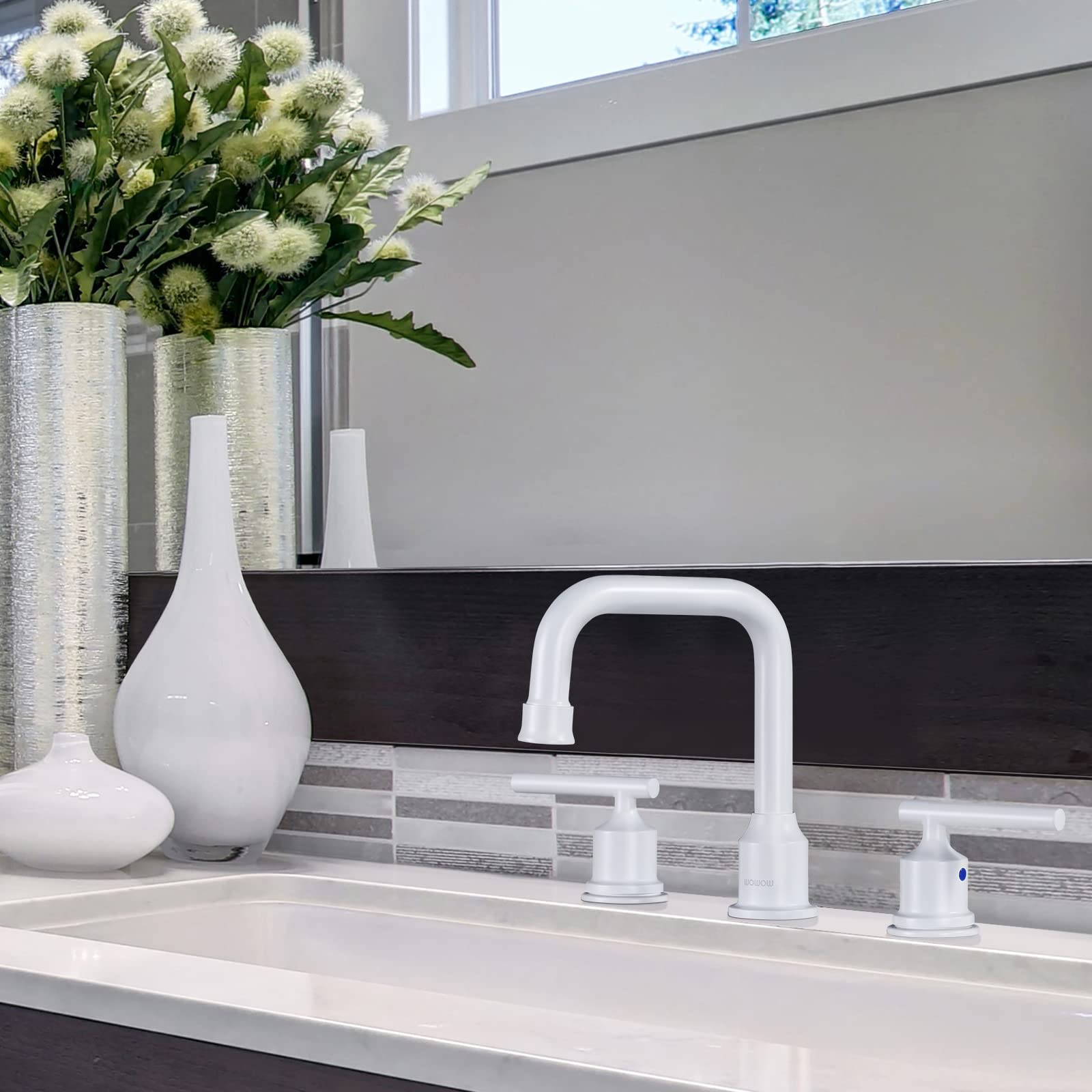 WOWOW White Bathroom Faucet 3 Hole, Widespread Vanity Sink Faucets 8 Inch