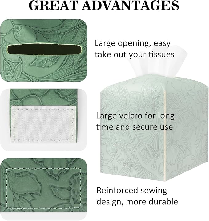 PARIERIS Tissue Box Holder Cover Square Tissue Cube Cover PU Leather Tissue Organizer with Bottom Belt for Bathroom, Tabletop, Kitchen, Night Stands, Office, Home, Car (1, VibrantGreen)
