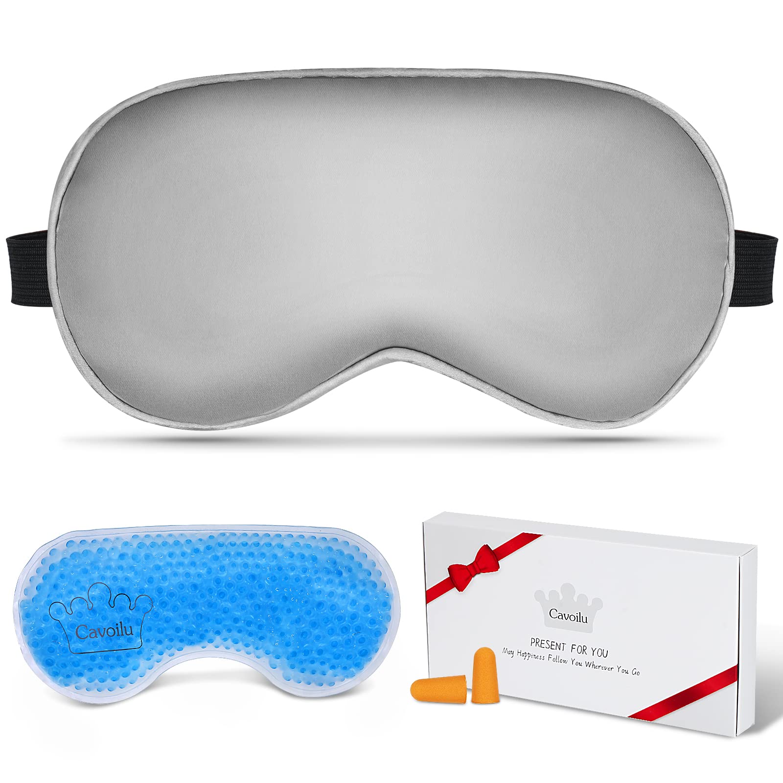 Cavoilu Sleep Mask w/ Cooling Gel Eye Mask, Silk Eye Mask for Sleeping, Hot & Cold Eye Masks, Blindfold Eye Cover Sleeping Mask for Home Office Travel, Yoga, Stocking Stuffers for Men Women (Grey)