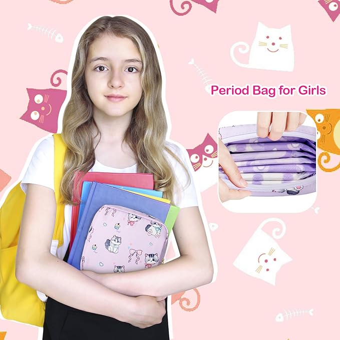 Tampon Holder for Purse, Canvas Period Bag Sanitary Napkin Storage Bag for Girls Womens, Portable Feminine Emergency Pad Period Pouch(Kitten Grass)