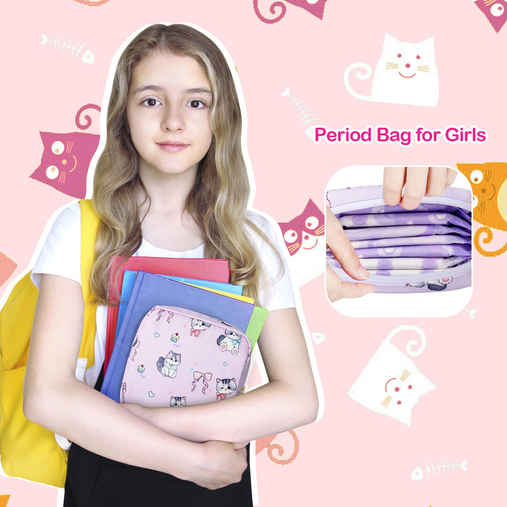Likesing Tampon Holder for Purse, Canvas Period Bag Pouch-Bow-Tie Wink Cat