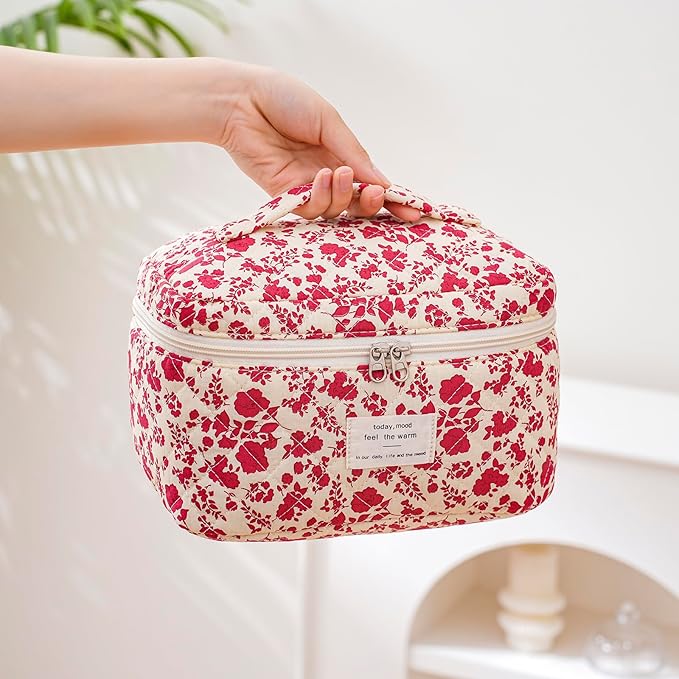 uekeboag Large Travel Quilted Makeup Bag for Women, Floral Cotton Cosmetic Bag, Coquette Aesthetic Floral Toiletry Organizer Bag(Hot pink