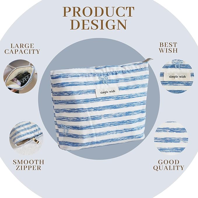 Wudygirl Makeup Bag Travel Cosmetic Bag for Women Small Makeup Pouch with Handle Zipper Cosmetic Pouch Handbag Aesthetic 8.3" x 5.9"(Striped Bow)