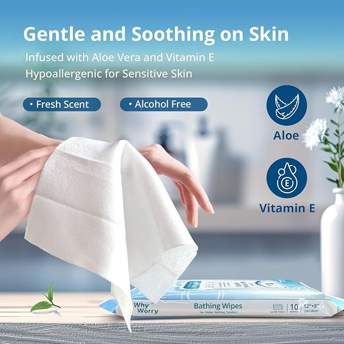 WhyWorry Bathing Wipes for Adults Rinse Free, 8"x12" Fresh Scent, 100 Count