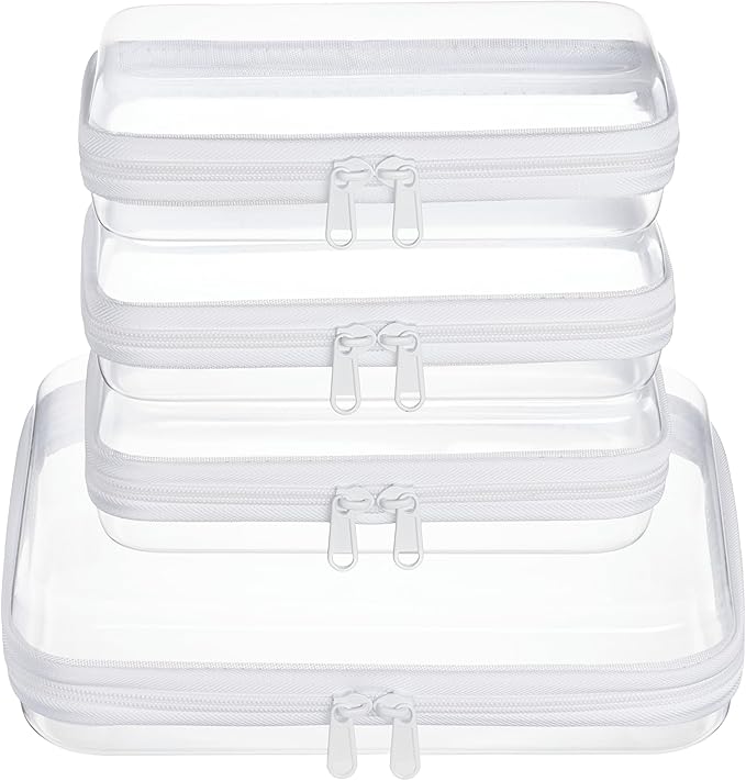 WELPIRT 4 pcs Clear Zipper Pouches,Hard Shell Zipper Case, Toiletry Bag for Travel, CLear Diaper Bag, Toiletry Pouch, Travel Organizer, Cosmetic Bag,Toy Storage Bins (M+3S)