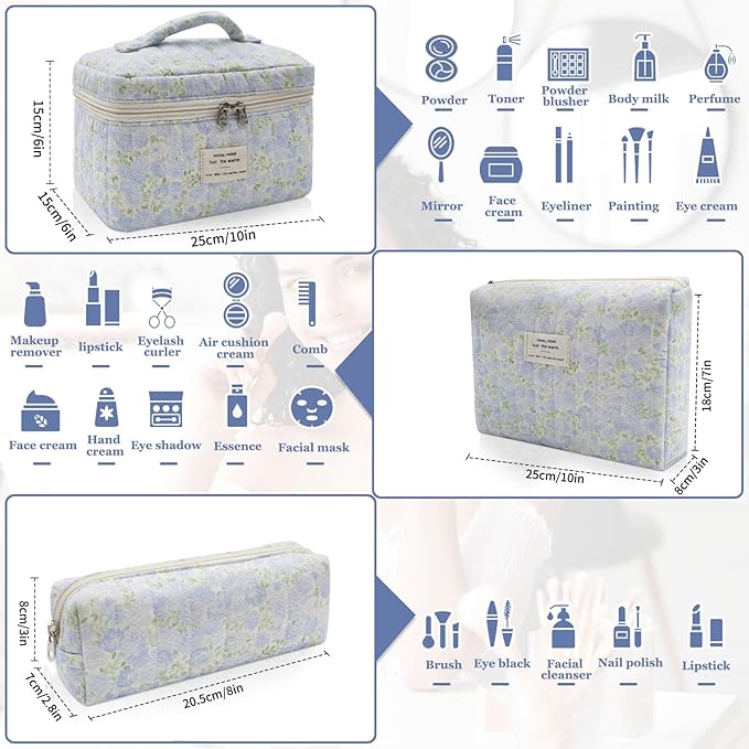 Gosect 3pc Makeup Bag Set, Quilted Makeup Bag Set, Large Floral Cosmetic Bag for Women, Cute Cotton Makeup Bags, Flower Travel Toiletry Organizer Bag (Green Leaves Blue Flowers)