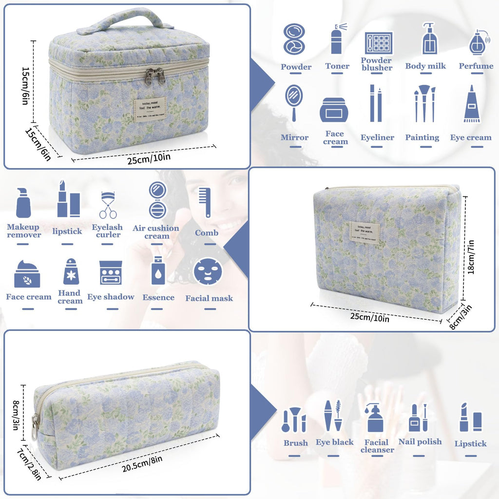 Gosect 3pc Makeup Bag Set, Quilted Makeup Bag Set, Large Floral Cosmetic Bag for Women, Cute Cotton Makeup Bags, Flower Travel Toiletry Organizer Bag (Green Leaves Blue Flowers)