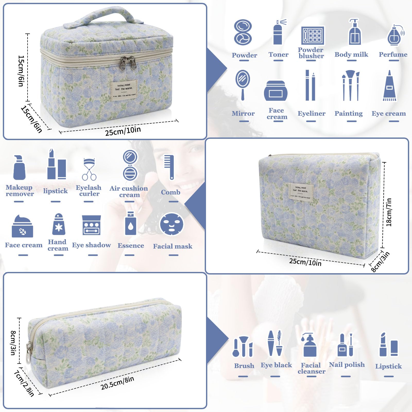 Gosect 3pc Makeup Bag Set, Quilted Makeup Bag Set, Large Floral Cosmetic Bag for Women, Cute Cotton Makeup Bags, Flower Travel Toiletry Organizer Bag (Green Leaves Blue Flowers)