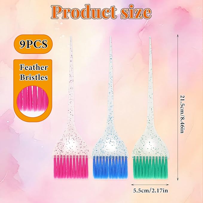 Classicseali 9pcs Color Brushes for Hair Stylist Hair Color Brushes with Glitter Handles, 8.5 X 2.2 In Hairs Dye Brush for Highlighting, Tint and Coloring Hairs Section, Salon Use Home DIY, 3 Colors