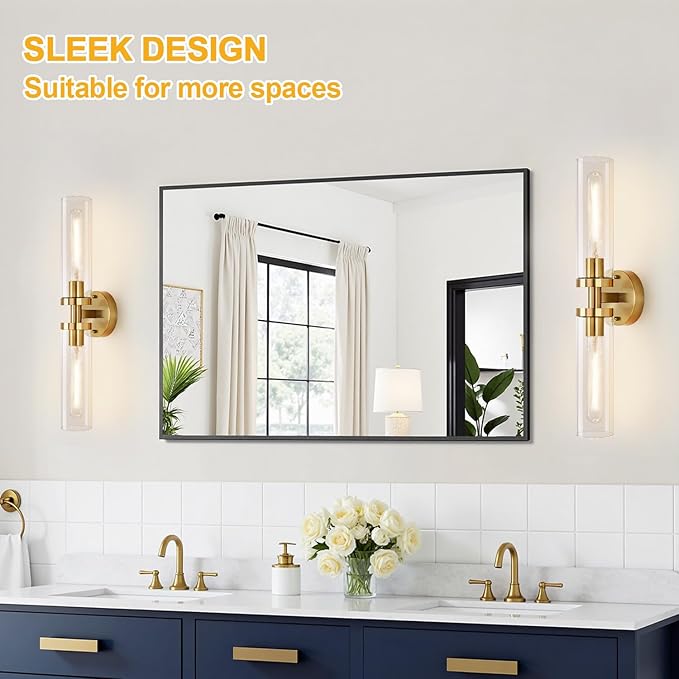 Brushed Gold Wall Sconces, Hardwired Bathroom Sconces Wall Lighting with Clear Glass, Modern Sconces Wall Light fixtures for Bathroom Mirror Living Room Hallway Bedroom
