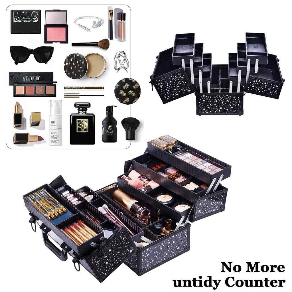 Makeup Case 6 Trays Large 14" x 8.5" x 11" Train Cases Cosmetic Organizer Storage Box by Joligrace - Star Pattern