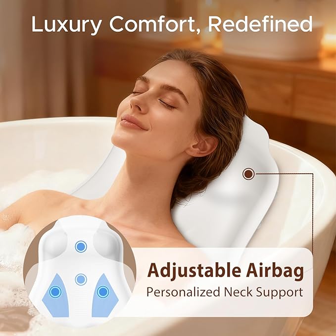 Bath Pillow for Tub, Adjustable Silicone Bathtub Pillows for Head and Neck, 0"–2.3" Neck Support, 34 Suction Cups, Easy to Clean, No Machine Wash Needed (White)