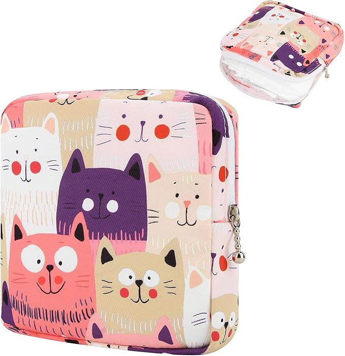 OLLBIT Sanitary Napkin Storage Bag,Period Bag,Portable Period Bag for Teen Pads Sanitary Napkins Small Tampons First Period Gifts for School Hygiene Bags Travel Containers (Cat)