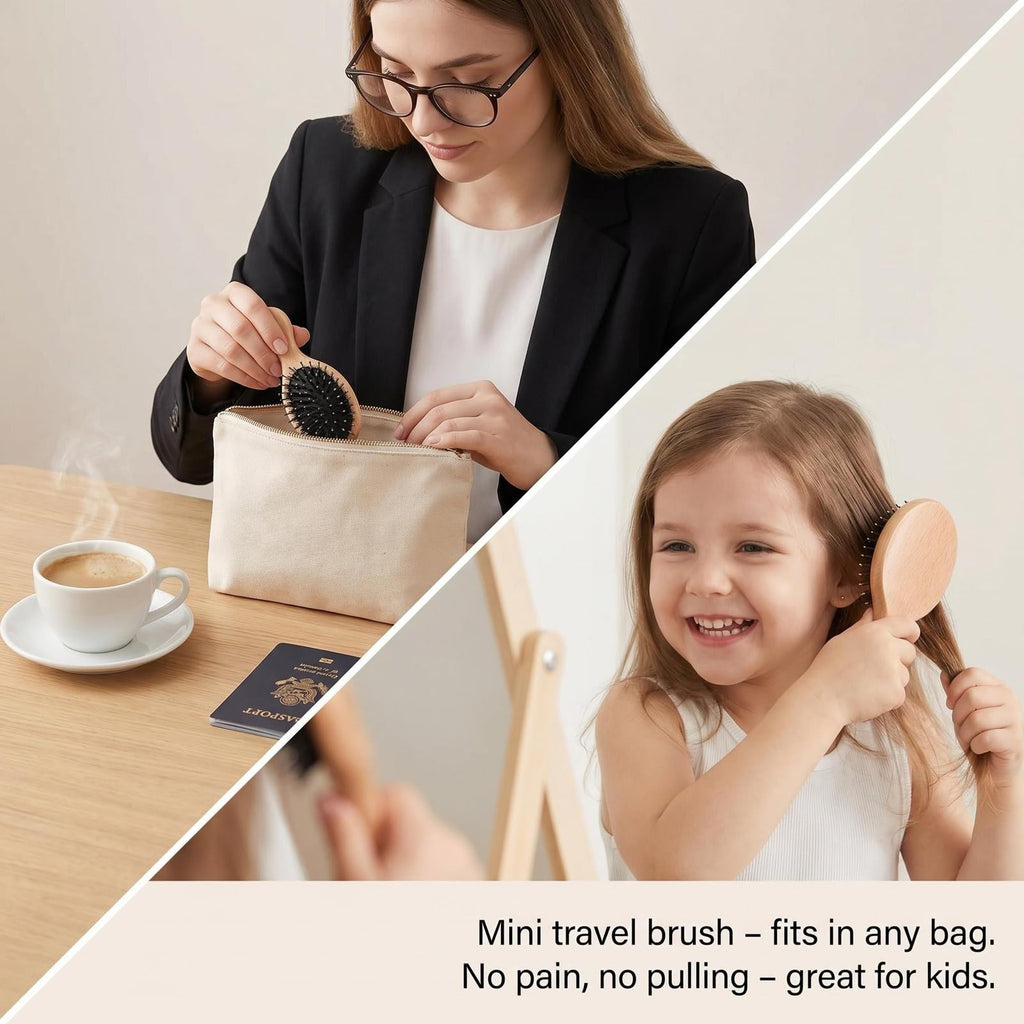 Boar Bristle Hair Brush and Comb Set for Women Men Kids, Best Natural Wooden Paddle Hairbrush and Small Travel Styling Brush for Wet or Dry Hair Detangling Smoothing Massaging