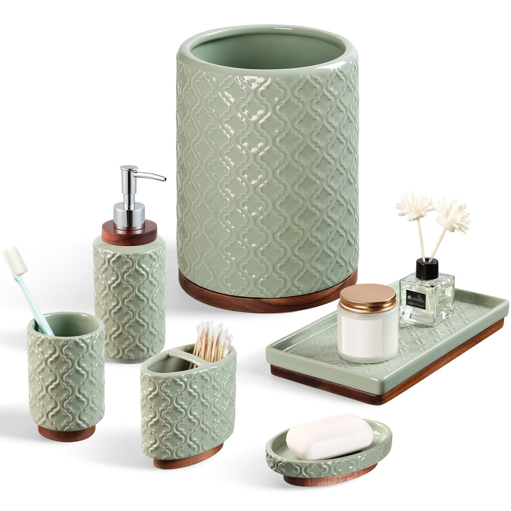 RQYIXI Elegant 6 PCS Ceramic&Wood Bathroom Accessories Set:Soap Dispenser,Toothbrush Holder,Tumbler,Soap Dish,Tray,Trash Can,Easy to Clean,Quatrefoil Pattern,Green-Affordable Home Luxury