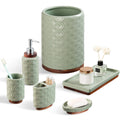 RQYIXI Elegant 6 PCS Ceramic&Wood Bathroom Accessories Set:Soap Dispenser,Toothbrush Holder,Tumbler,Soap Dish,Tray,Trash Can,Easy to Clean,Quatrefoil Pattern,Green-Affordable Home Luxury